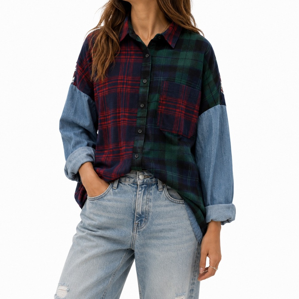 Free People Rainbow Rays Oversized Flannel Shirt Womens XS Plaid Patchwork